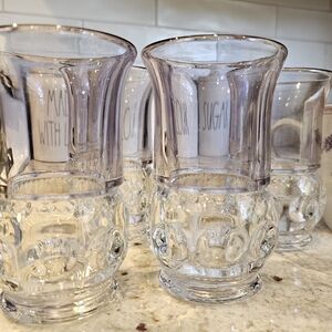 Kings Crown Thumbprint Clear Glass With Flash Color Vintage Drinkware Set 4